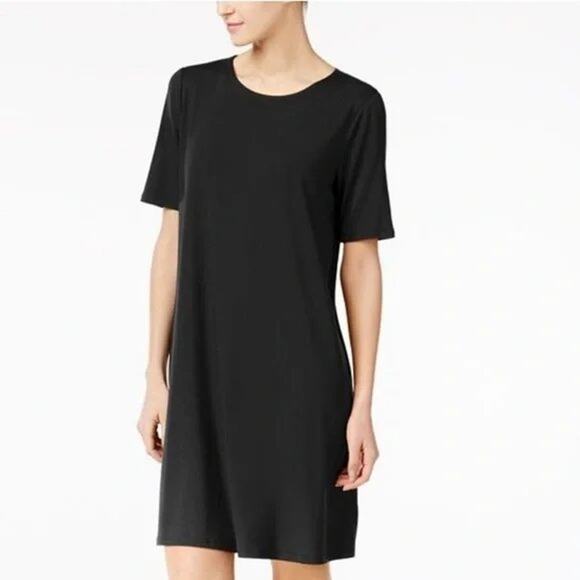 Eileen Fisher Viscose Jersey Round Neck Short Sleeve Dress Black Petite Large PL - Picture 1 of 6
